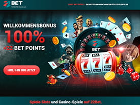 Die Homepage des 22Bet Casinos mit dem Willkommensbonus.