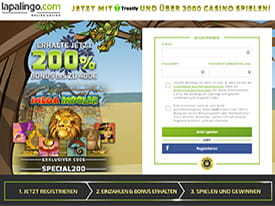 Die Startseite des Lapalingo Online Casino mit dem Willkommensbonus.