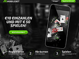 Die Mobilebet Homepage mit dem Willkommensbonus.