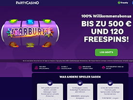 Die Homepage des PartyCasinos mit dem Willkommensbonus Angebot.
