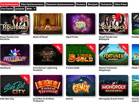 Übersicht über die Auswahl an Casino Spielen im Royal Panda Online Casino.